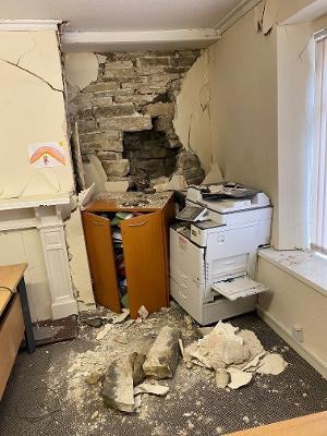 Impact damaged ceiling